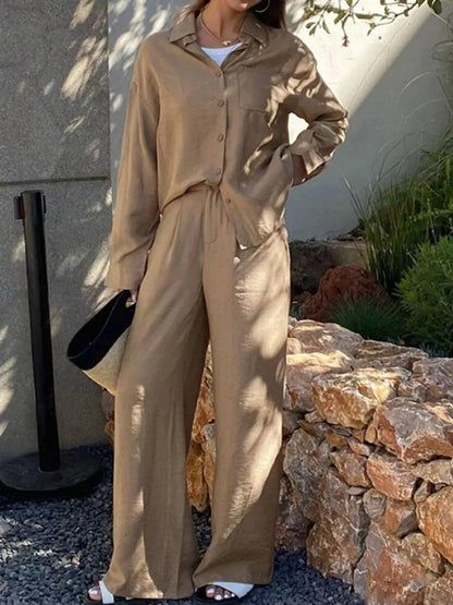 Full Size Relaxed Fit Button Up Shirt and Pants Two-Piece Set Plus Size - Street’s Boutique