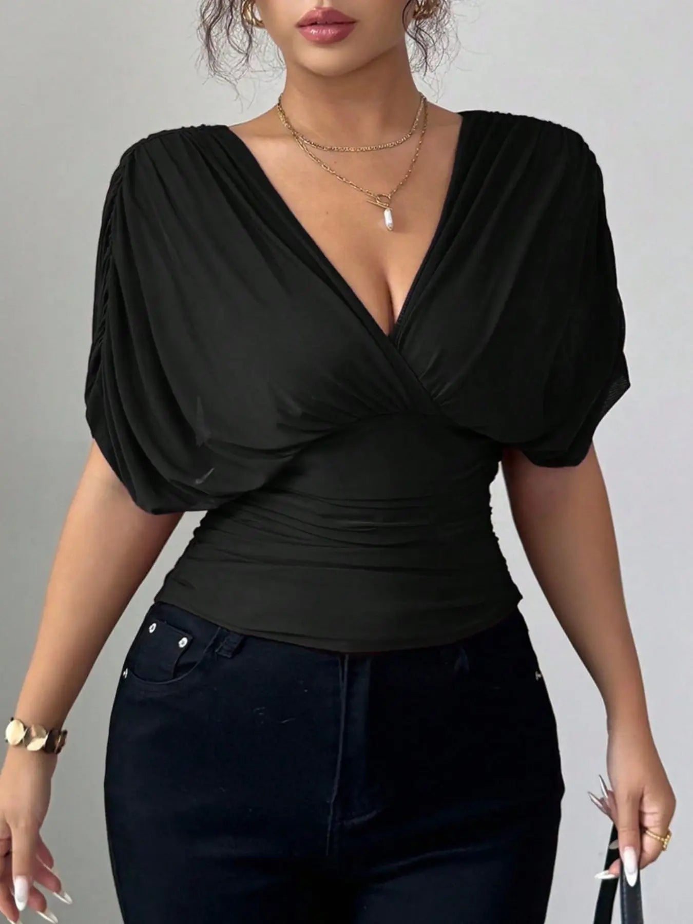 Ruched Surplice Short Sleeve Top - Street’s Boutique