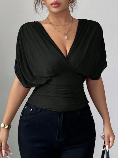 Ruched Surplice Short Sleeve Top - Street’s Boutique