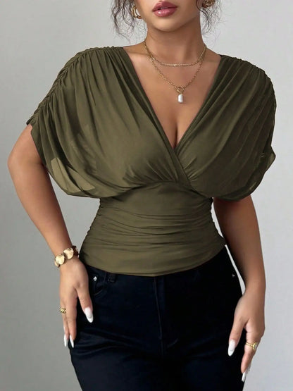 Ruched Surplice Short Sleeve Top - Street’s Boutique