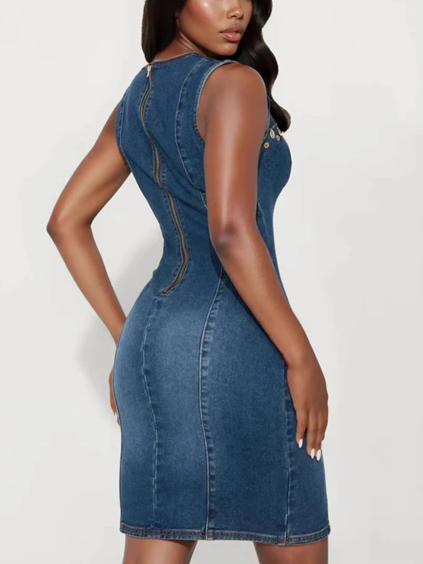 Embellished Cutout Sleeveless Denim Dress - Street’s Boutique