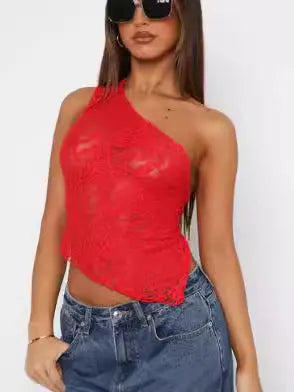 Ins Lace Backless Top Summer Solid Color Waistless Asymmetrical Sloped Neck Vest Streetwear Womens Clothes - Street’s Boutique