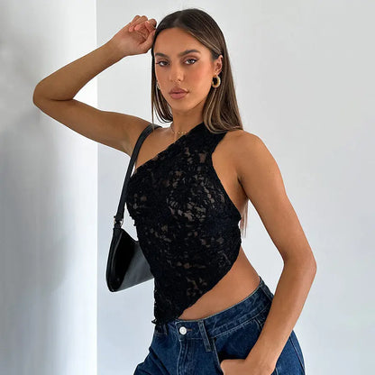 Ins Lace Backless Top Summer Solid Color Waistless Asymmetrical Sloped Neck Vest Streetwear Womens Clothes - Street’s Boutique