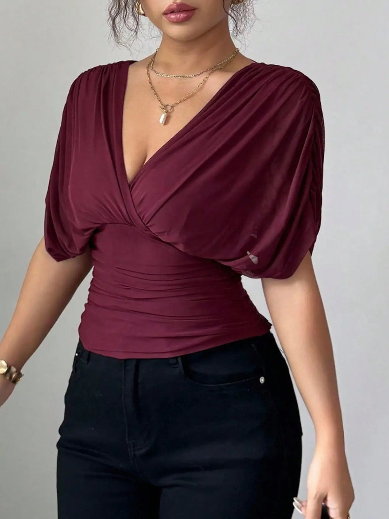 Ruched Surplice Short Sleeve Top - Street’s Boutique