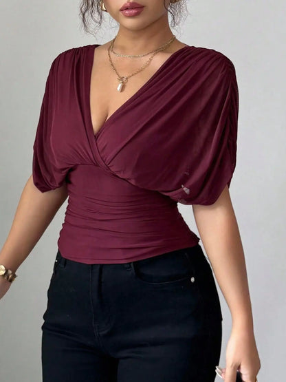 Ruched Surplice Short Sleeve Top - Street’s Boutique