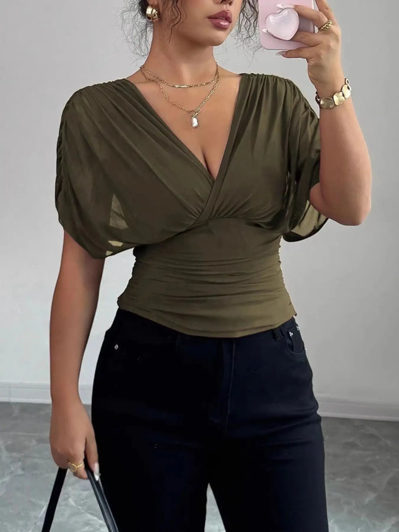 Ruched Surplice Short Sleeve Top - Street’s Boutique