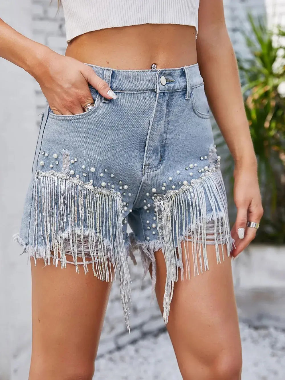 Distressed Pearl Trim Denim Shorts with Pockets - Street’s Boutique