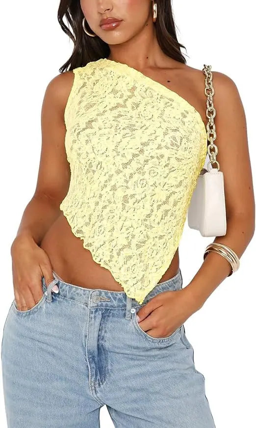 Ins Lace Backless Top Summer Solid Color Waistless Asymmetrical Sloped Neck Vest Streetwear Womens Clothes - Street’s Boutique