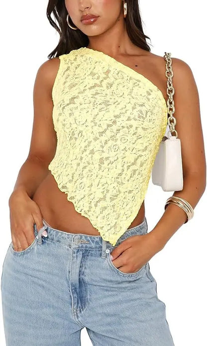 Ins Lace Backless Top Summer Solid Color Waistless Asymmetrical Sloped Neck Vest Streetwear Womens Clothes - Street’s Boutique