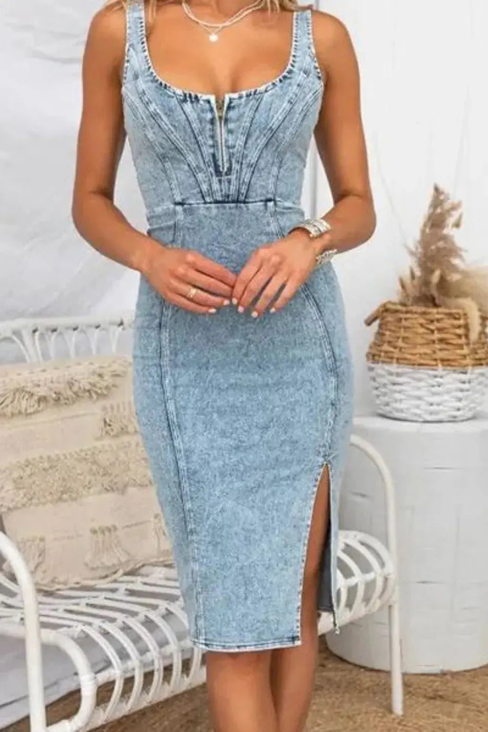 Side Slit Washed Scoop Neck Denim Dress - Street’s Boutique