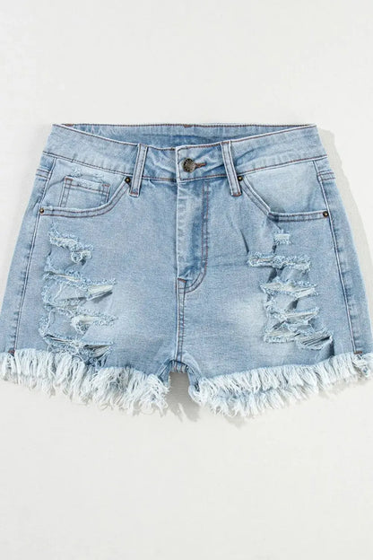 Distressed Raw Hem High Waist Denim Shorts - Street’s Boutique