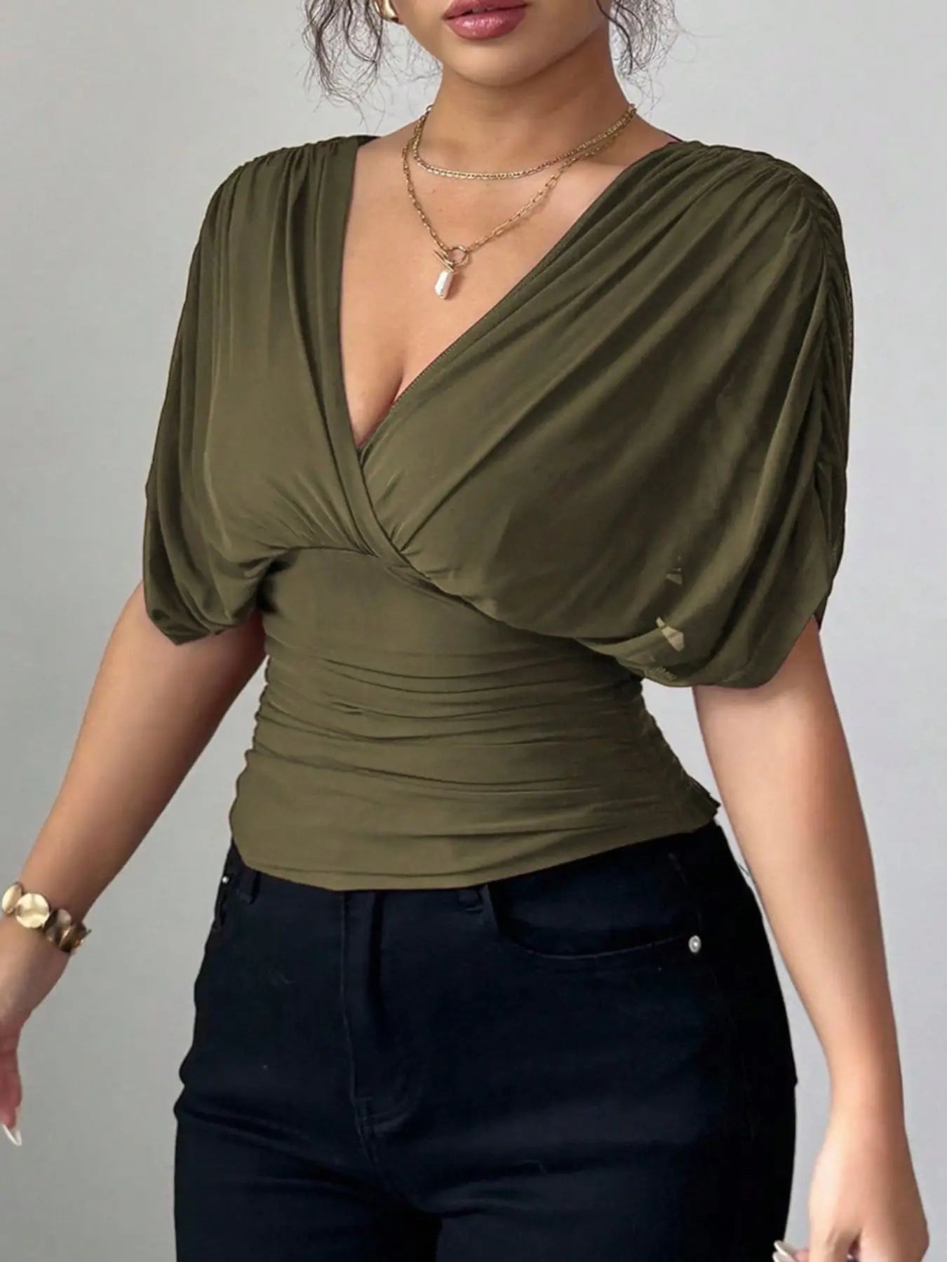 Ruched Surplice Short Sleeve Top - Street’s Boutique