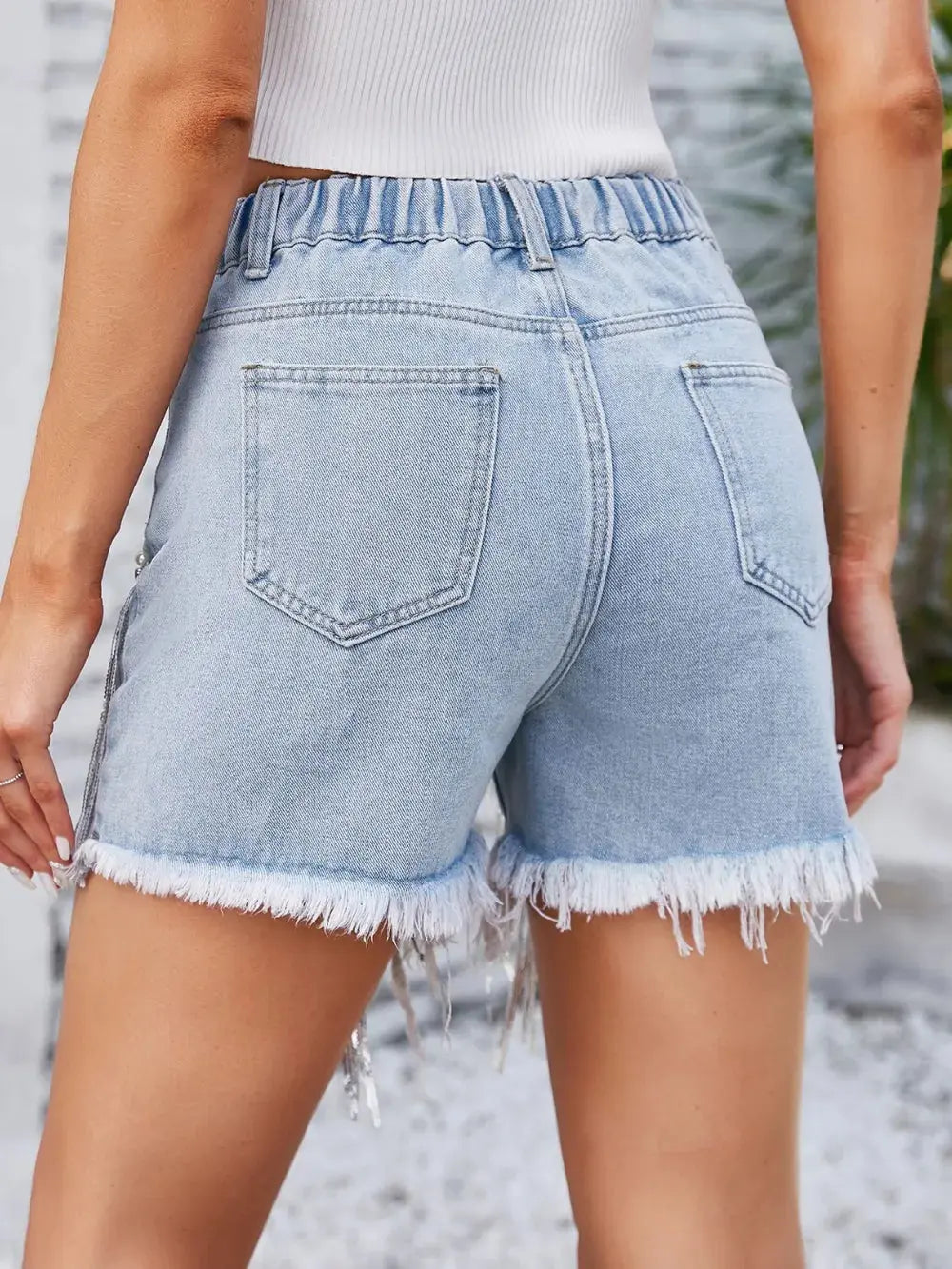 Distressed Pearl Trim Denim Shorts with Pockets - Street’s Boutique