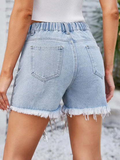 Distressed Pearl Trim Denim Shorts with Pockets - Street’s Boutique
