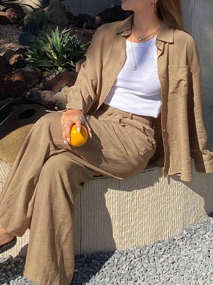 Full Size Relaxed Fit Button Up Shirt and Pants Two-Piece Set Plus Size - Street’s Boutique