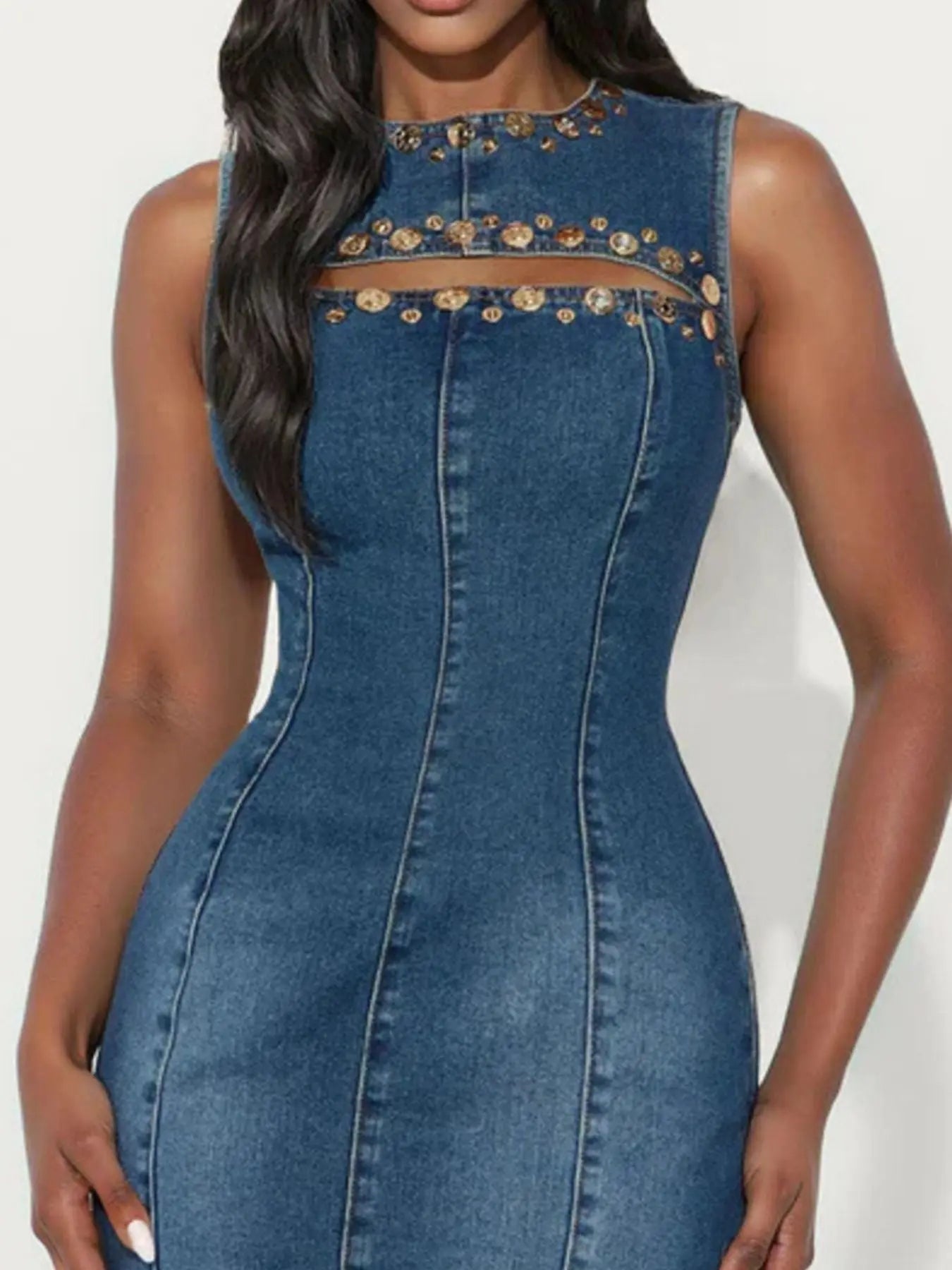 Embellished Cutout Sleeveless Denim Dress - Street’s Boutique