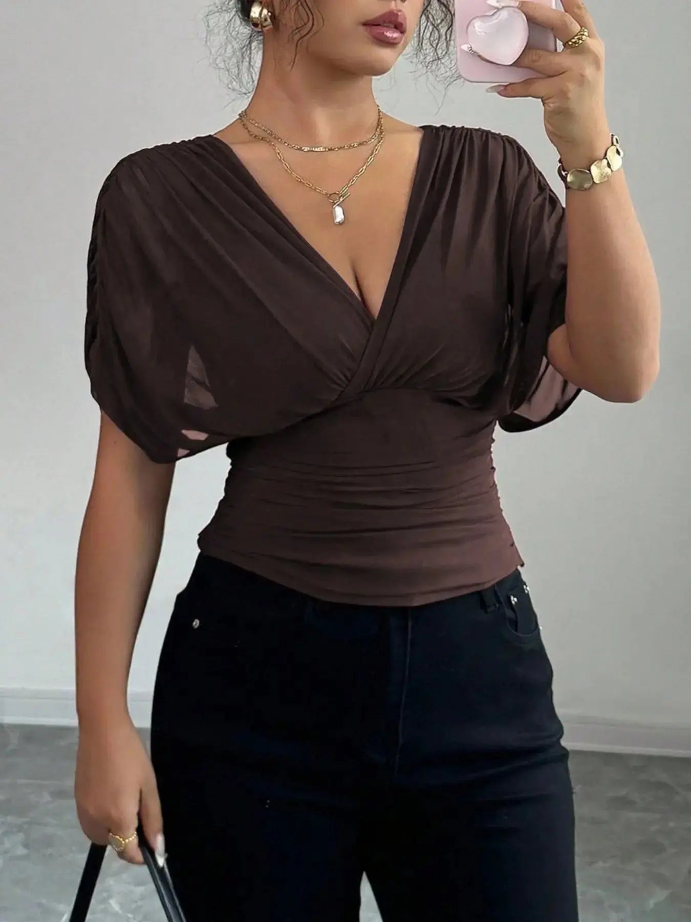 Ruched Surplice Short Sleeve Top - Street’s Boutique