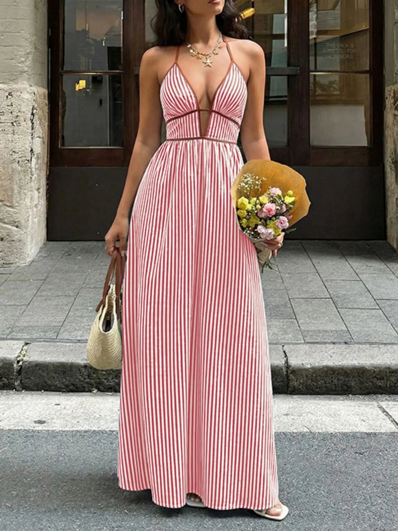 Striped Halter Neck Maxi Dress - Street’s Boutique