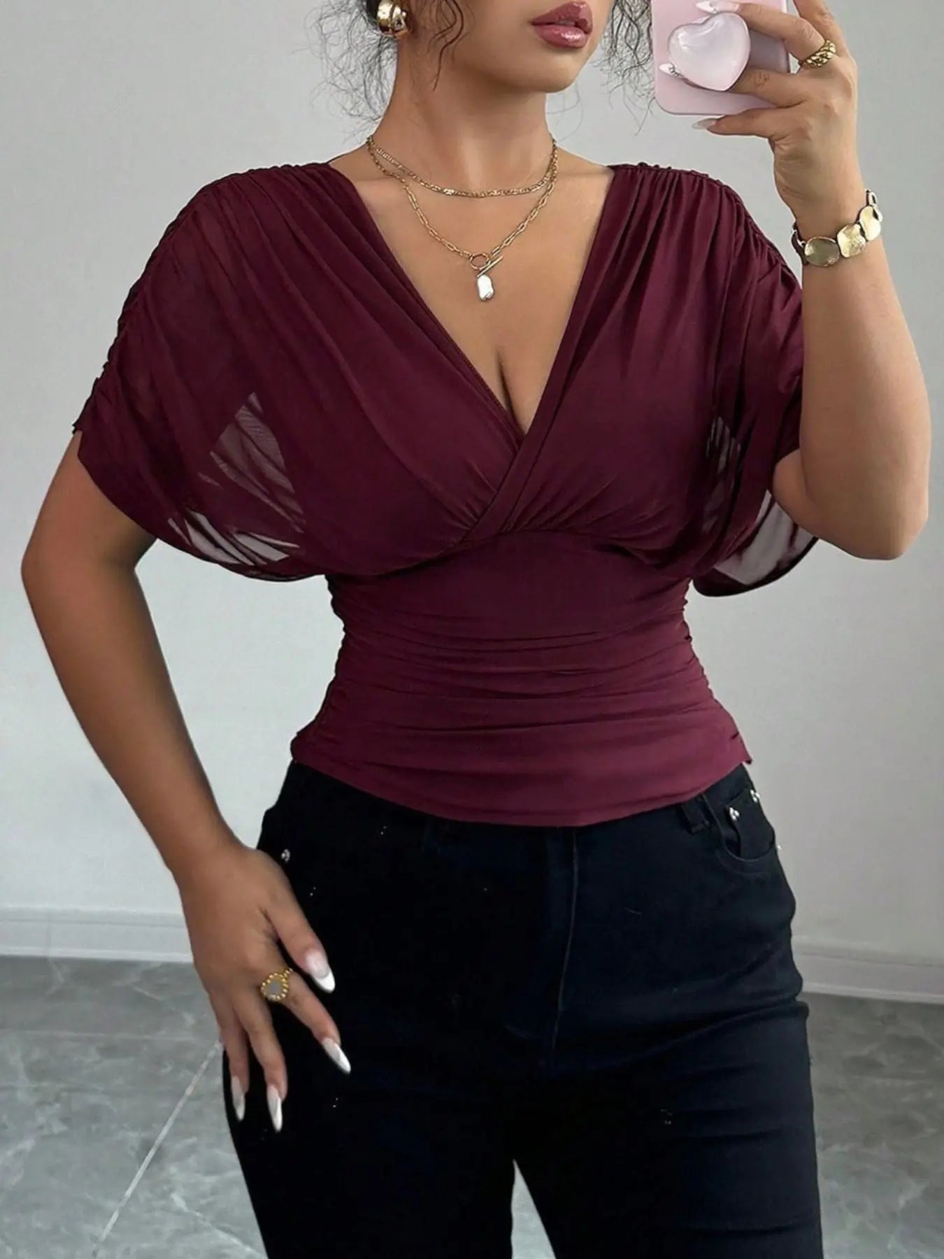 Ruched Surplice Short Sleeve Top - Street’s Boutique