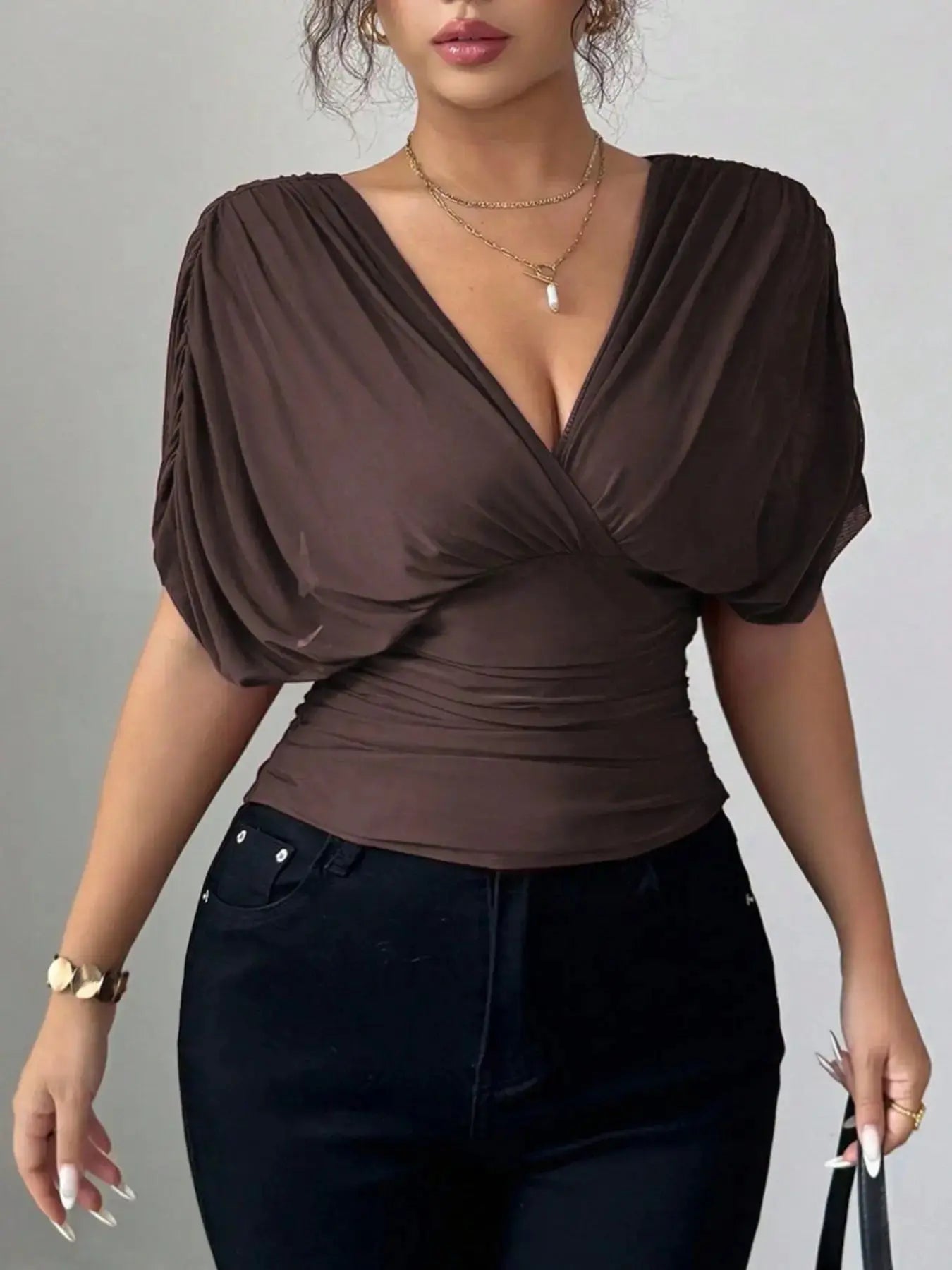 Ruched Surplice Short Sleeve Top - Street’s Boutique