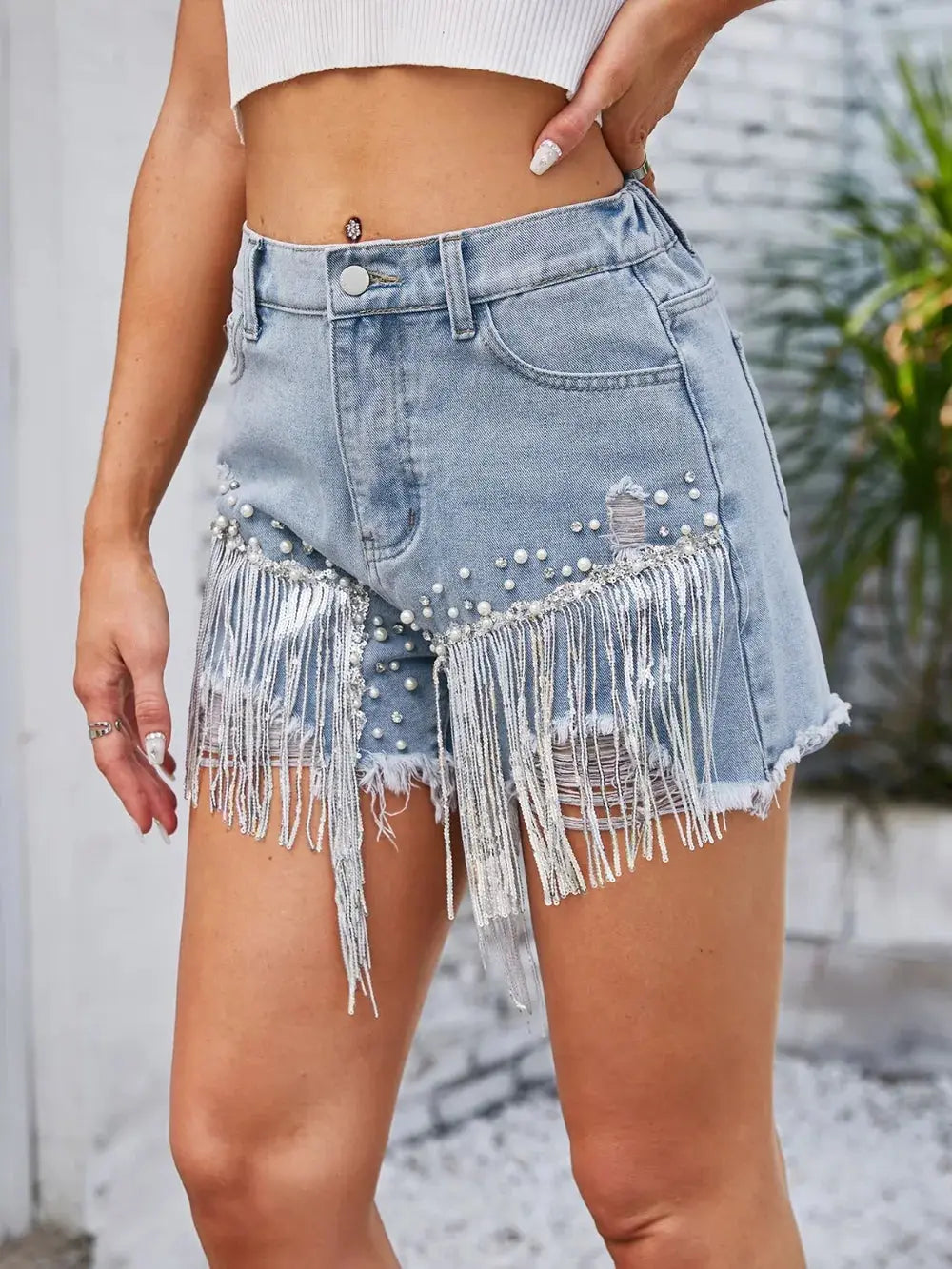 Distressed Pearl Trim Denim Shorts with Pockets - Street’s Boutique