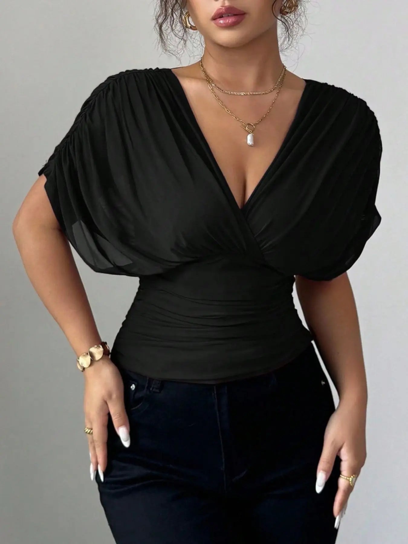Ruched Surplice Short Sleeve Top - Street’s Boutique