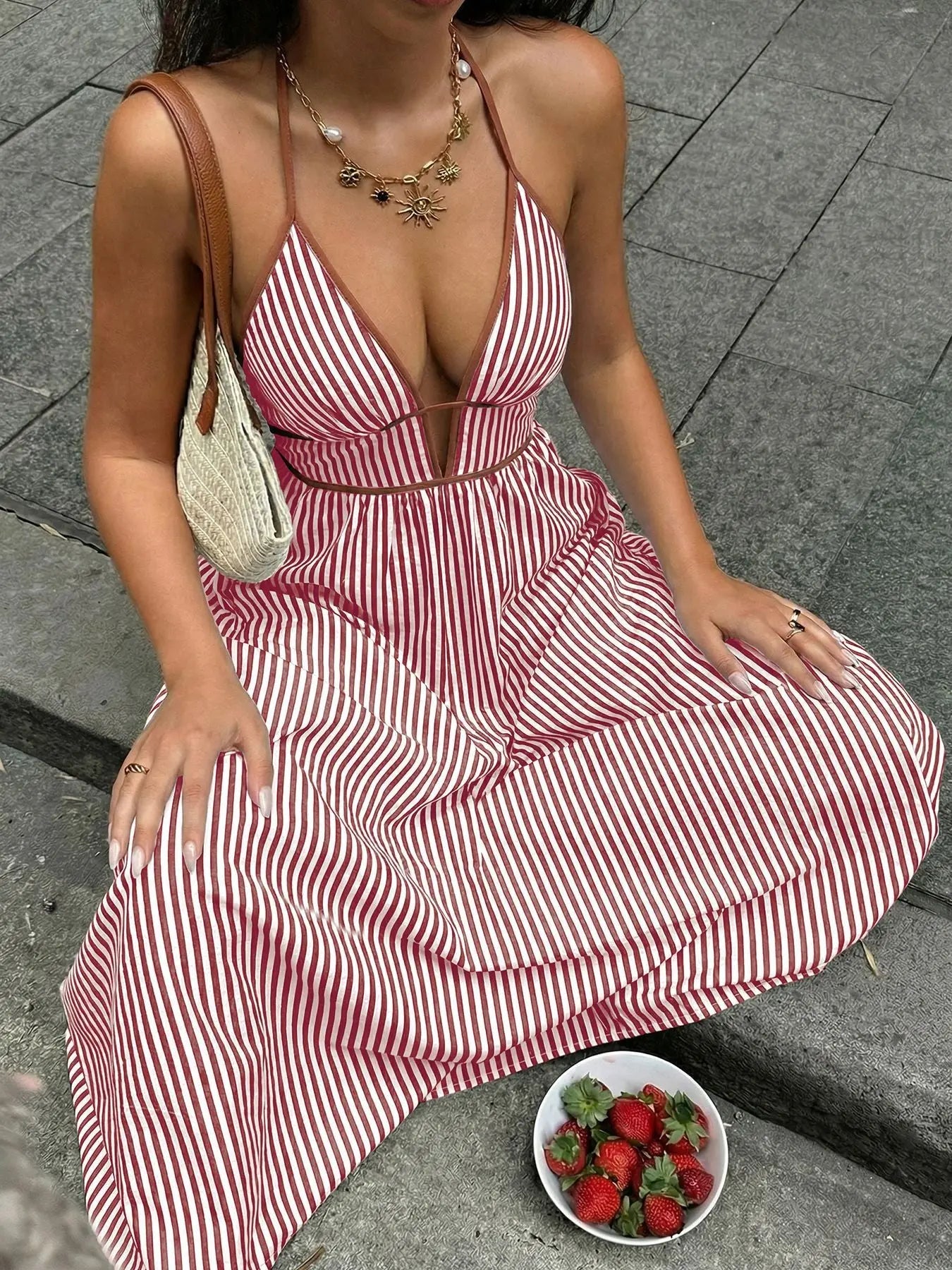 Striped Halter Neck Maxi Dress - Street’s Boutique