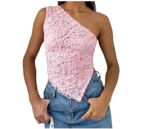 Ins Lace Backless Top Summer Solid Color Waistless Asymmetrical Sloped Neck Vest Streetwear Womens Clothes - Street’s Boutique