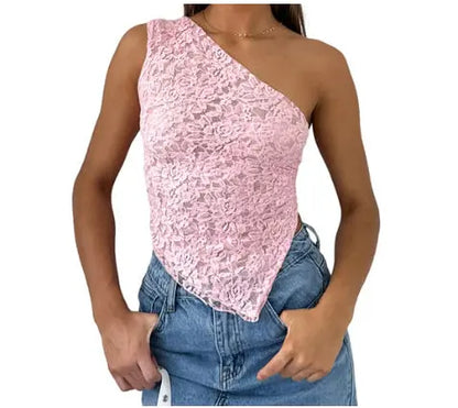 Ins Lace Backless Top Summer Solid Color Waistless Asymmetrical Sloped Neck Vest Streetwear Womens Clothes - Street’s Boutique