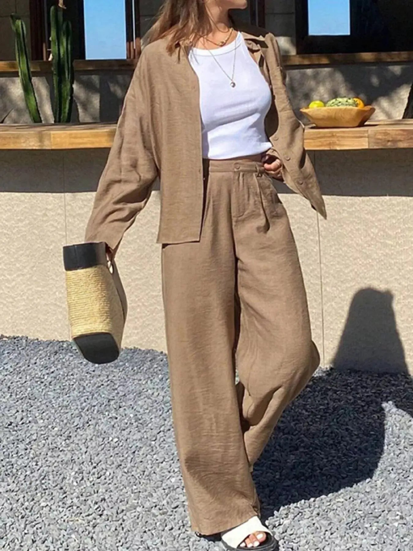 Full Size Relaxed Fit Button Up Shirt and Pants Two-Piece Set Plus Size - Street’s Boutique
