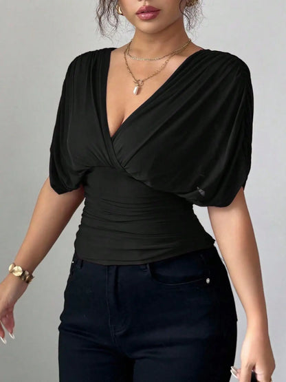 Ruched Surplice Short Sleeve Top - Street’s Boutique