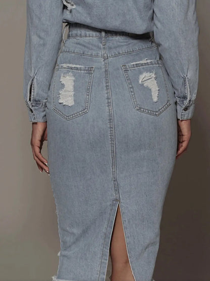 Distressed Slit Denim Skirt - Street’s Boutique