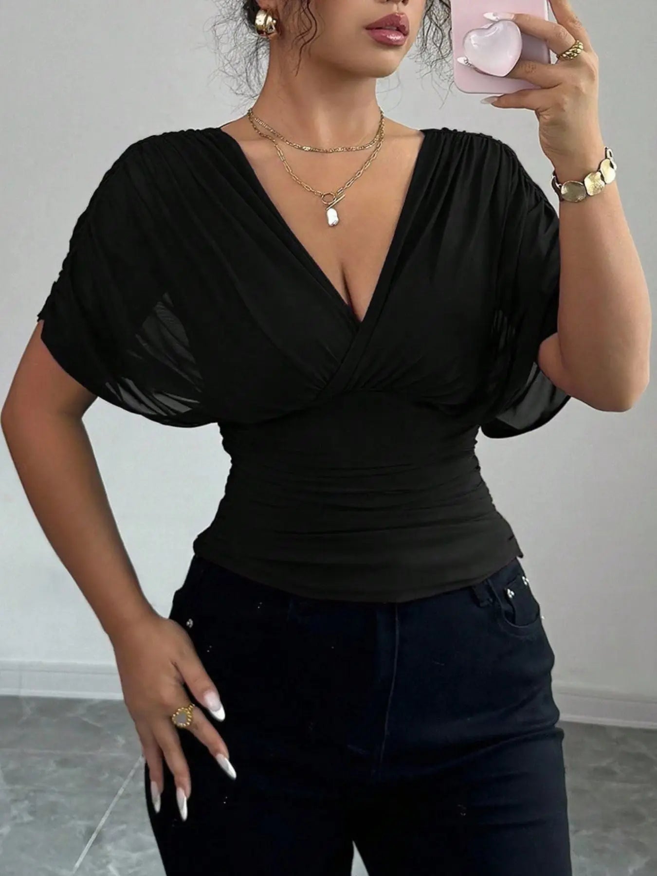 Ruched Surplice Short Sleeve Top - Street’s Boutique