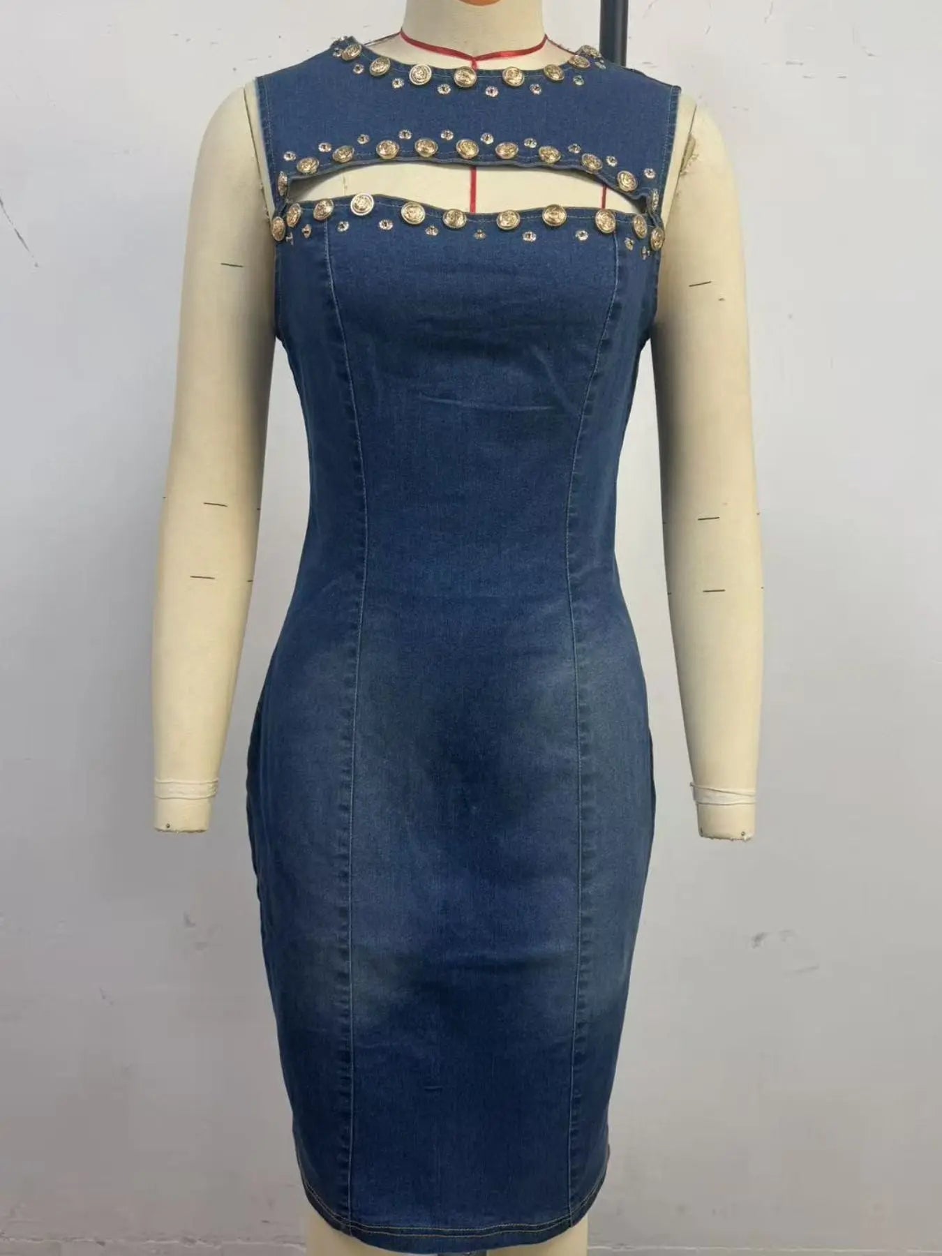 Embellished Cutout Sleeveless Denim Dress - Street’s Boutique