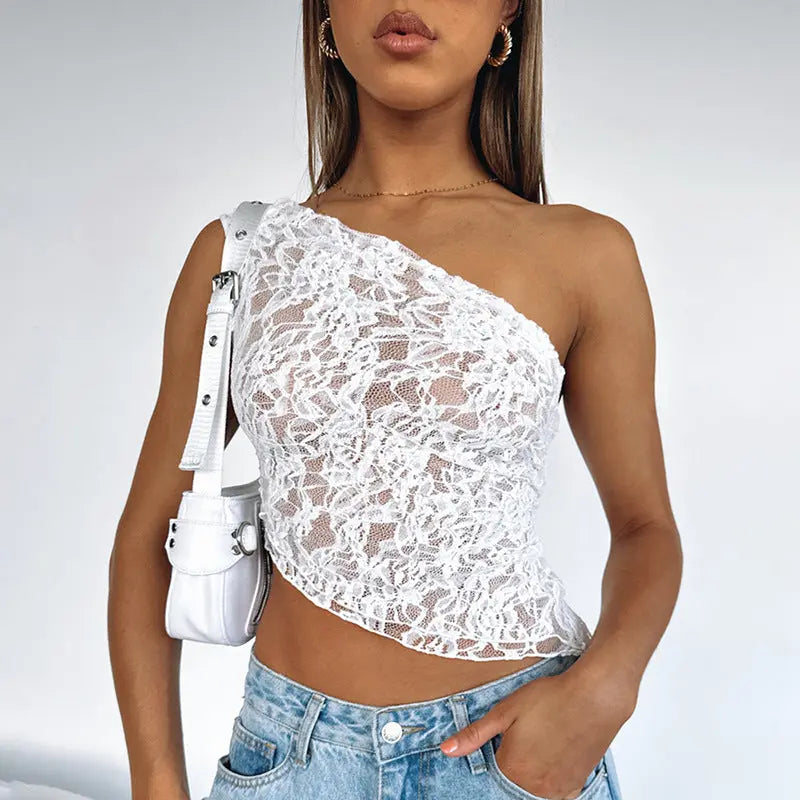 Ins Lace Backless Top Summer Solid Color Waistless Asymmetrical Sloped Neck Vest Streetwear Womens Clothes - Street’s Boutique