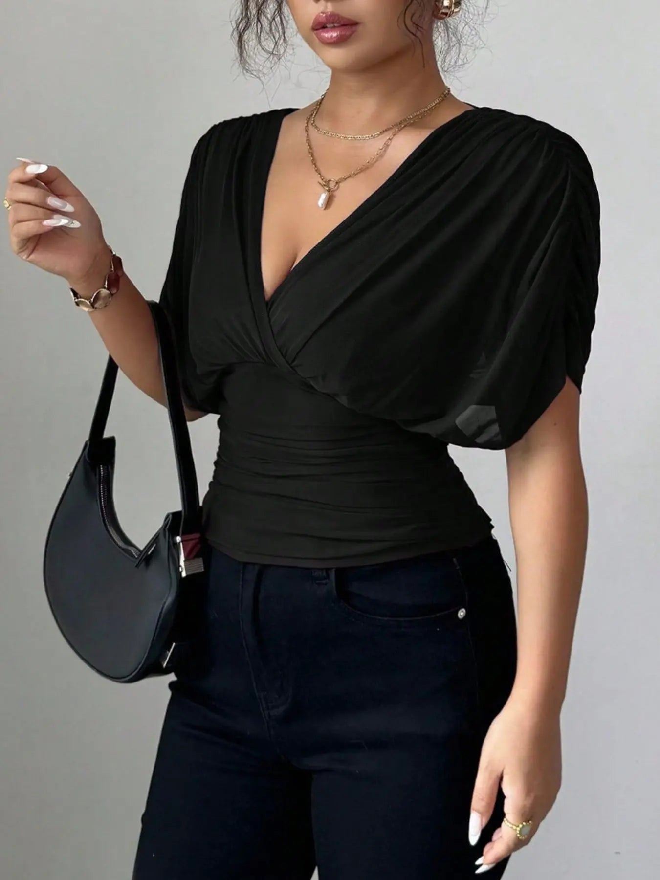 Ruched Surplice Short Sleeve Top - Street’s Boutique