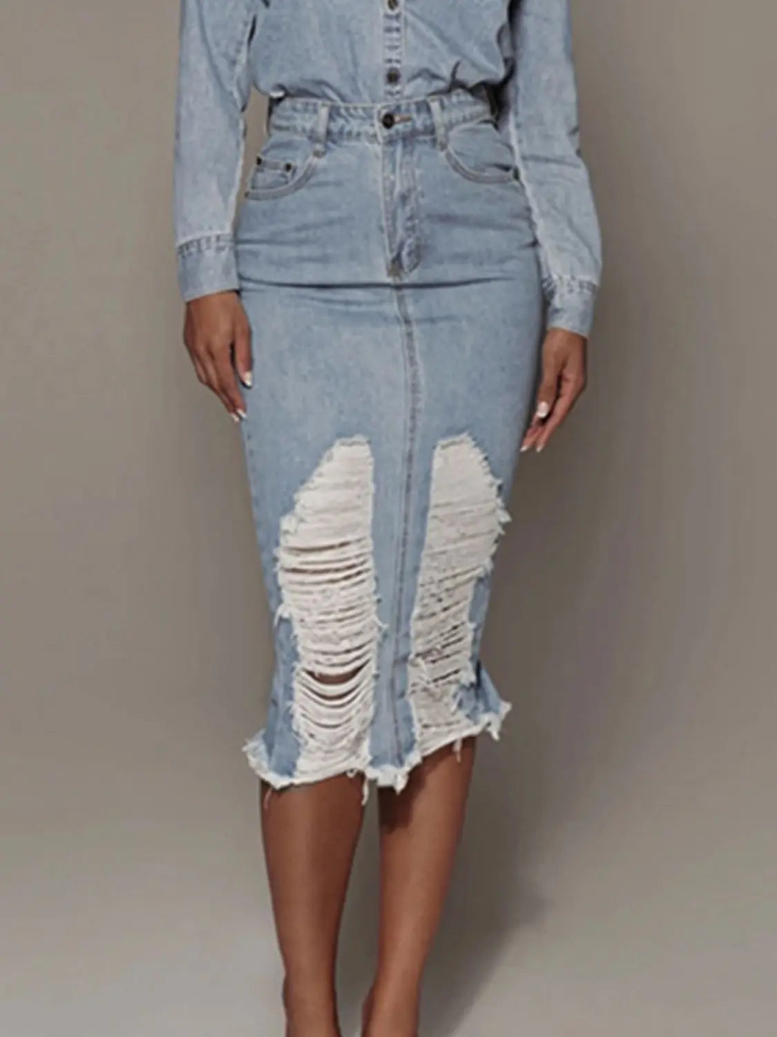Distressed Slit Denim Skirt - Street’s Boutique