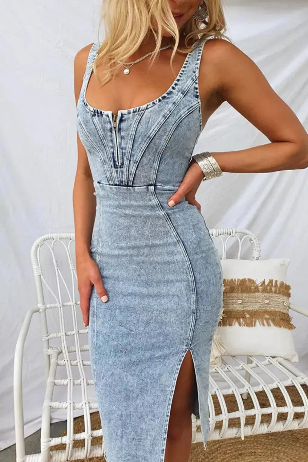 Side Slit Washed Scoop Neck Denim Dress - Street’s Boutique
