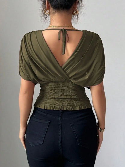 Ruched Surplice Short Sleeve Top - Street’s Boutique