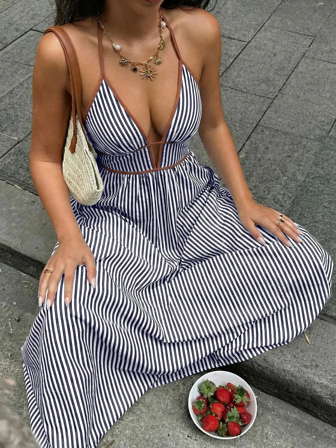 Striped Halter Neck Maxi Dress - Street’s Boutique